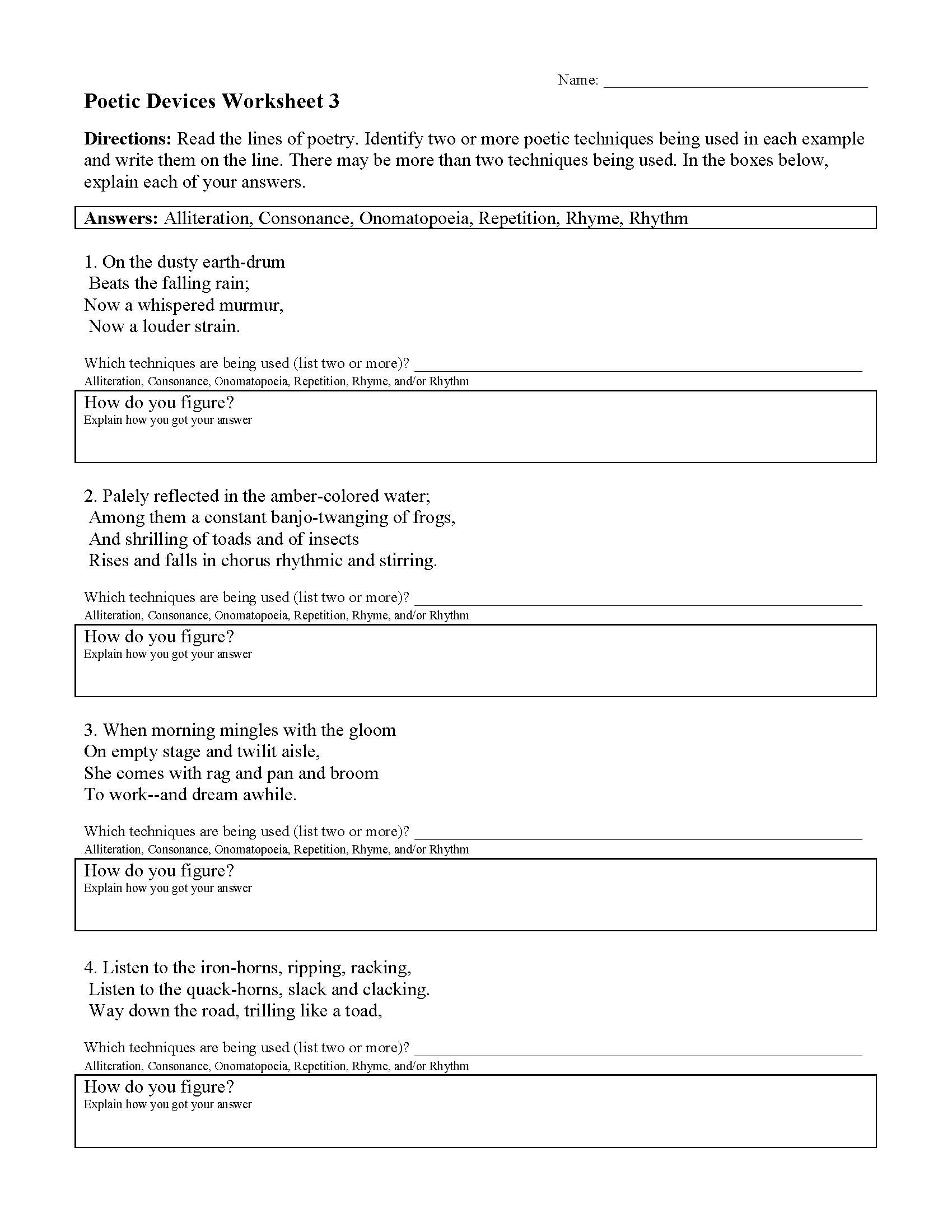 Poetic Devices Worksheet 3 | Reading Activity