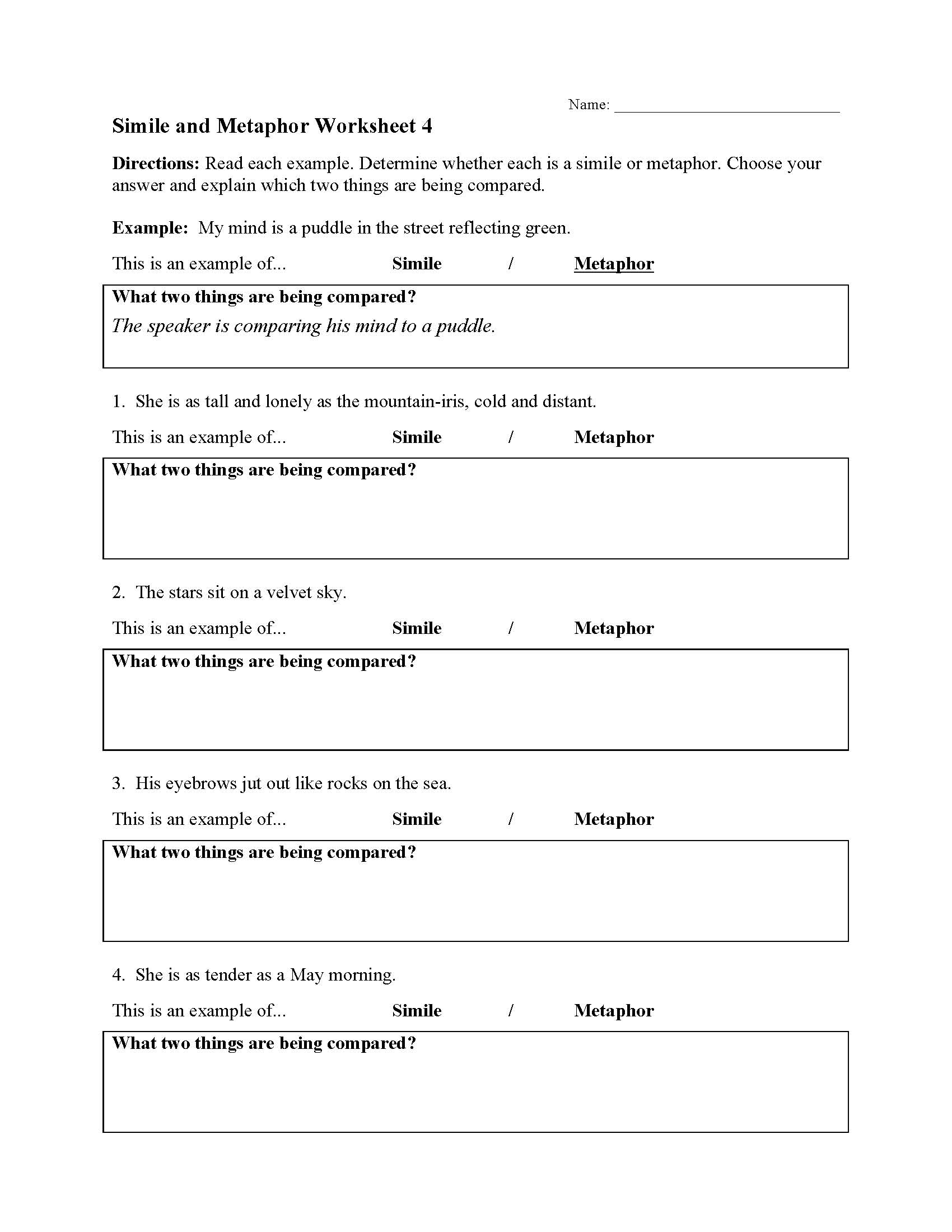 Simile and Metaphor Worksheet 4 | Figurative Language Activity