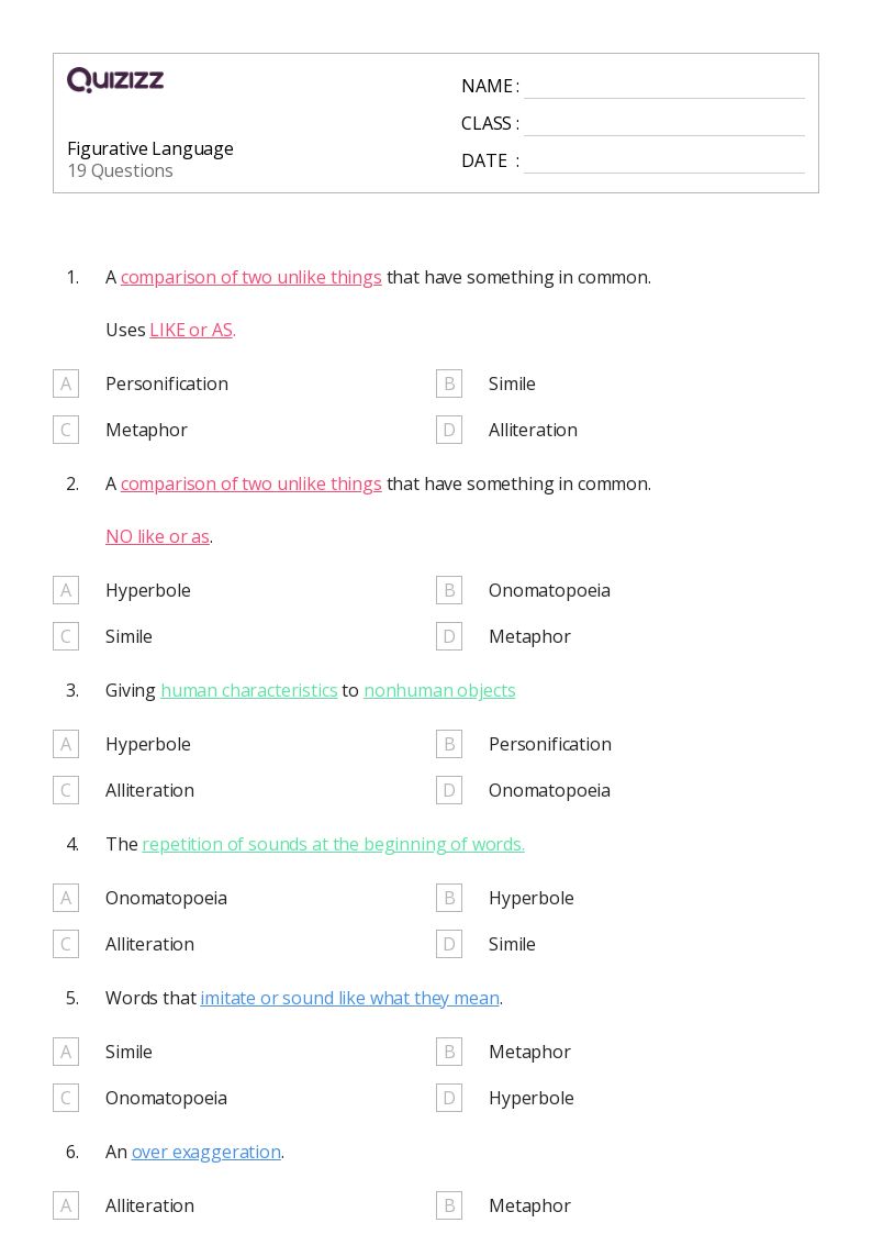 50+ Figurative Language worksheets for 6th Grade on Quizizz | Free ...