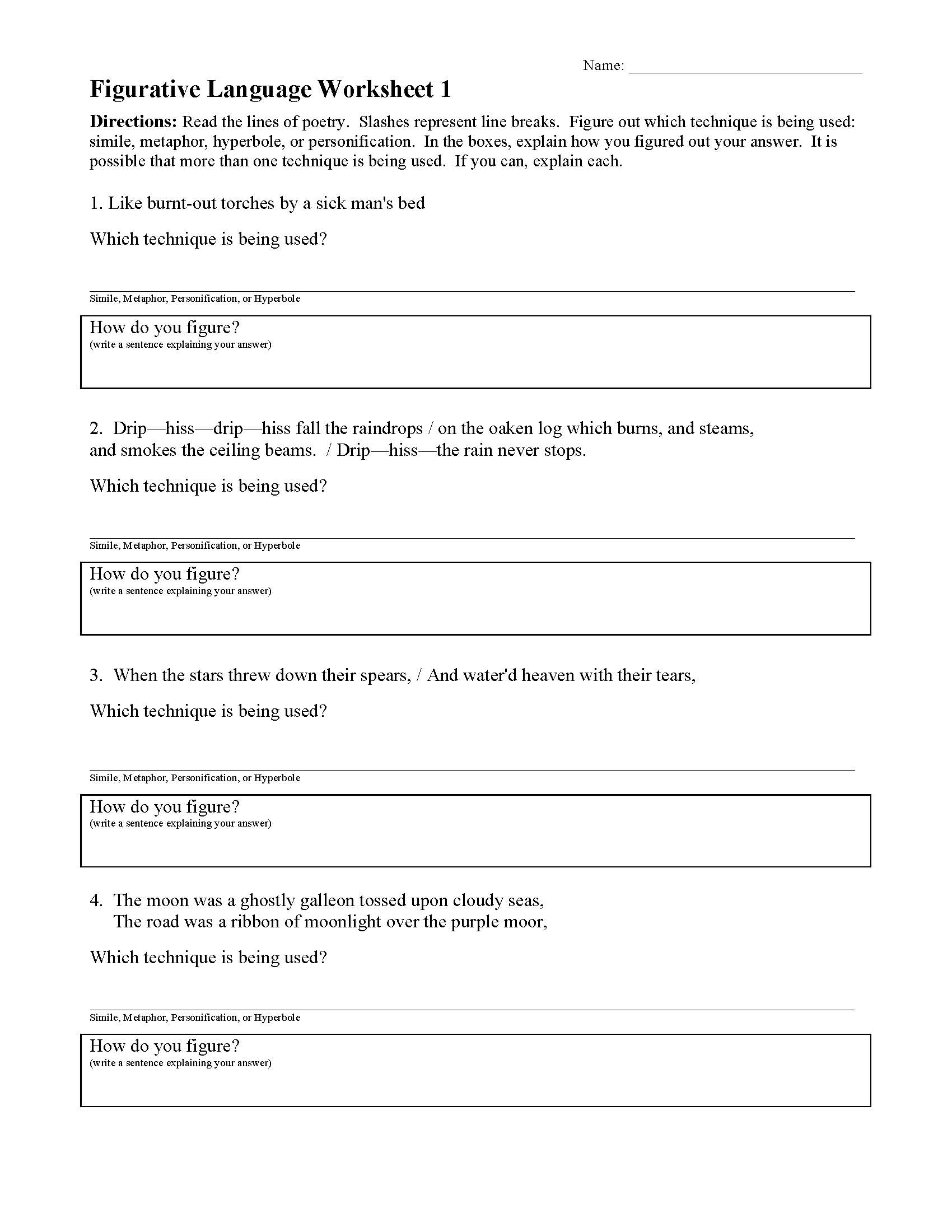 Figurative Language Worksheet 1 | Reading Activity