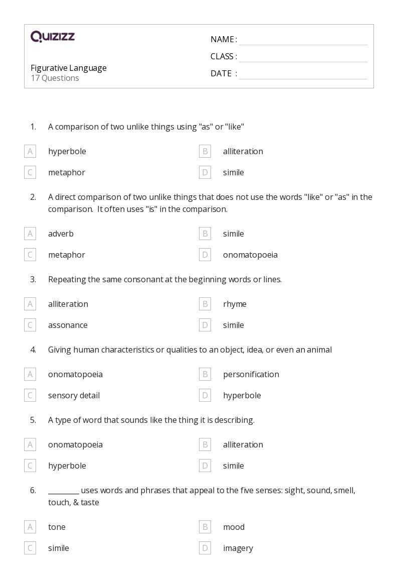 figurative language worksheet 7th grade