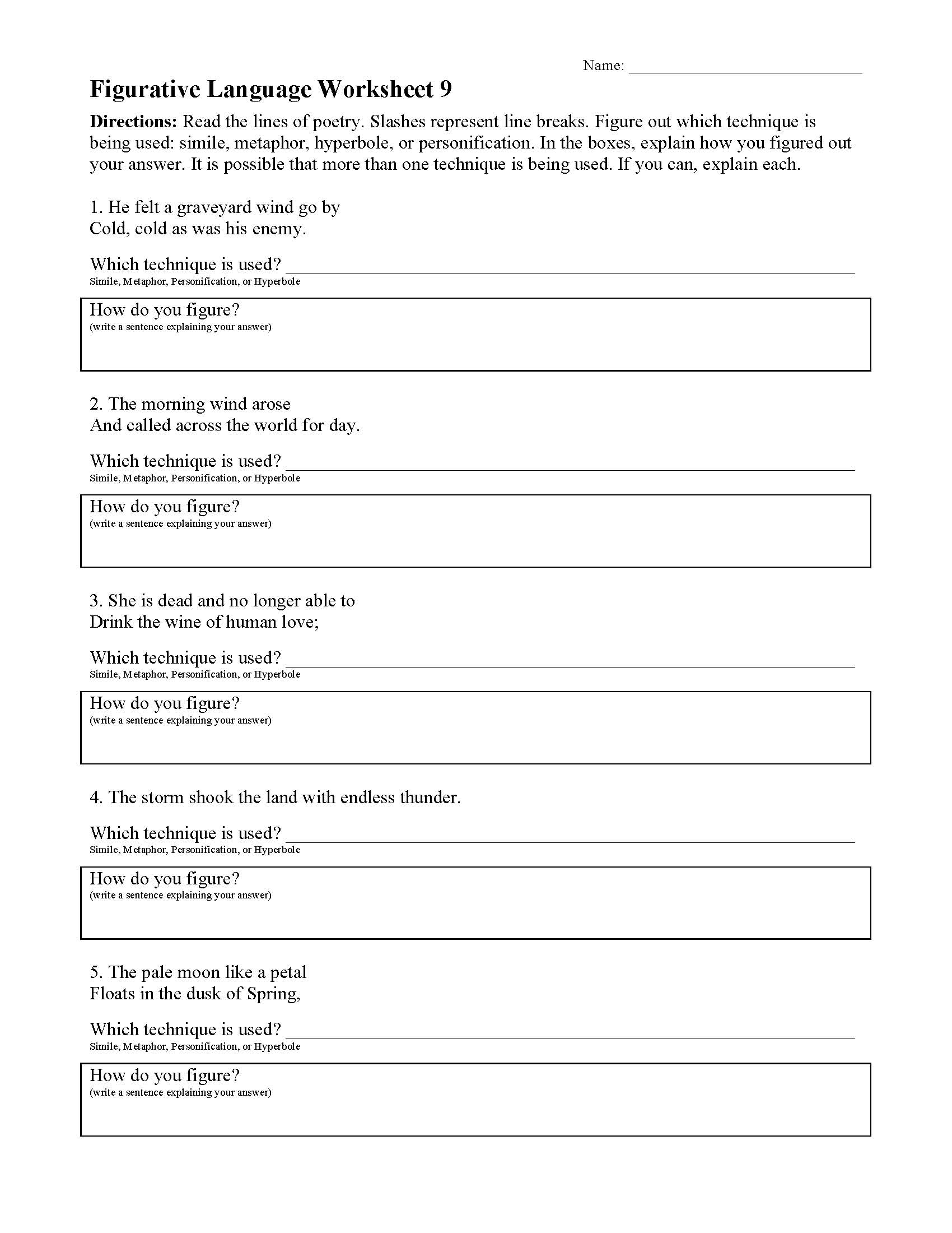 figurative language worksheet 7th grade