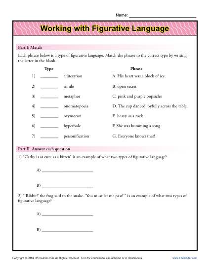 figurative language worksheet elementary