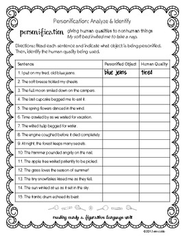Figurative Language Worksheet Set of 12, Middle Grades for Common Core