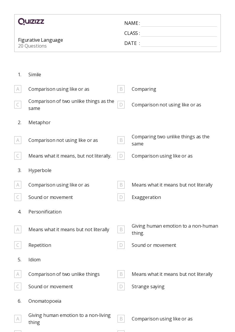 figurative language worksheet for 4th grade