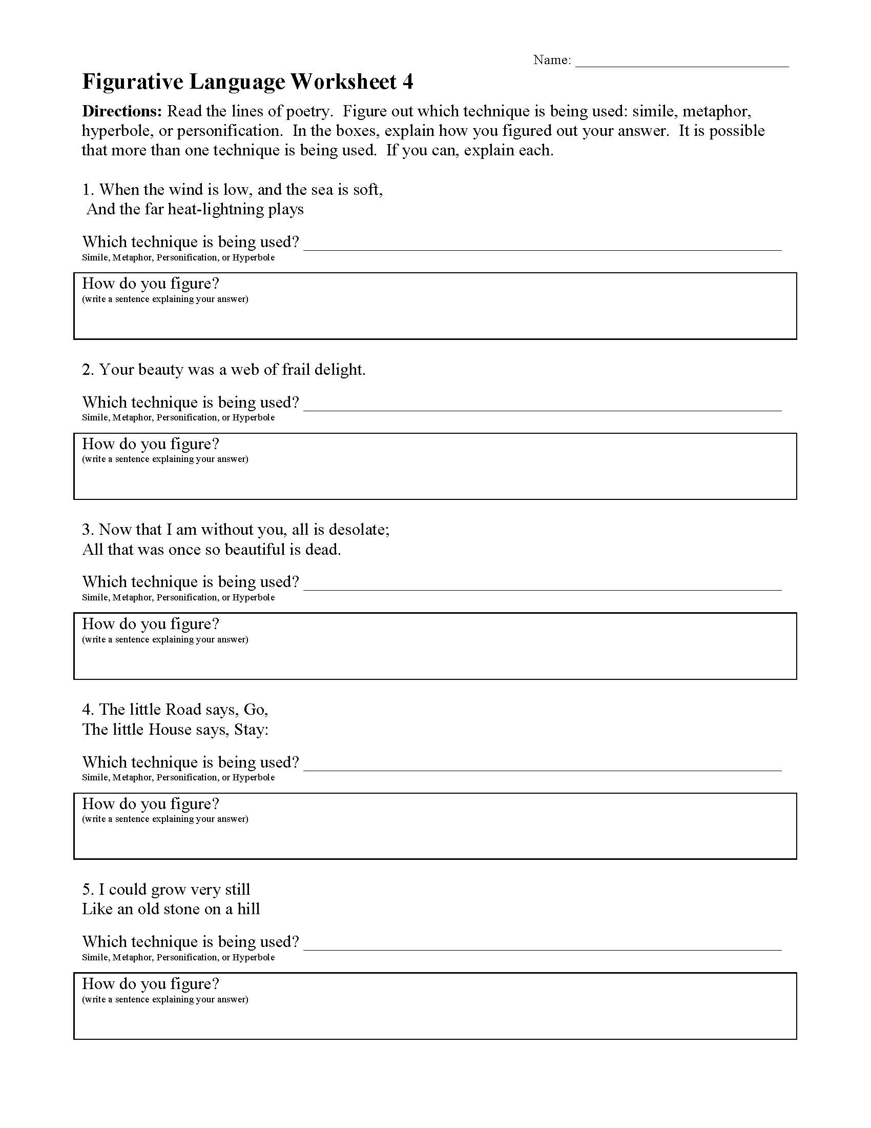 figurative language worksheet high school