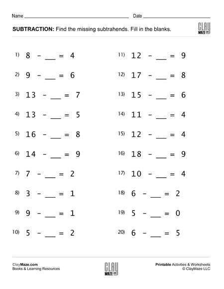 Subtraction Worksheet - Fill in the Blanks Subtraction Facts (Set ...