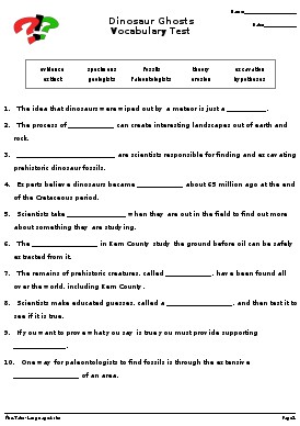 Dinosaur Ghosts Vocabulary Test - Fill-in-the-Blank Sentences ...