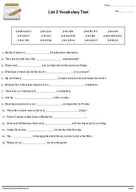List 2 Vocabulary Test - Fill-in-the-Blank Sentences Worksheet Maker