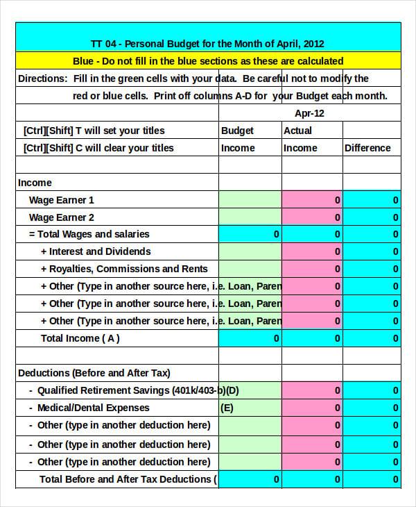 finances for household budget worksheet