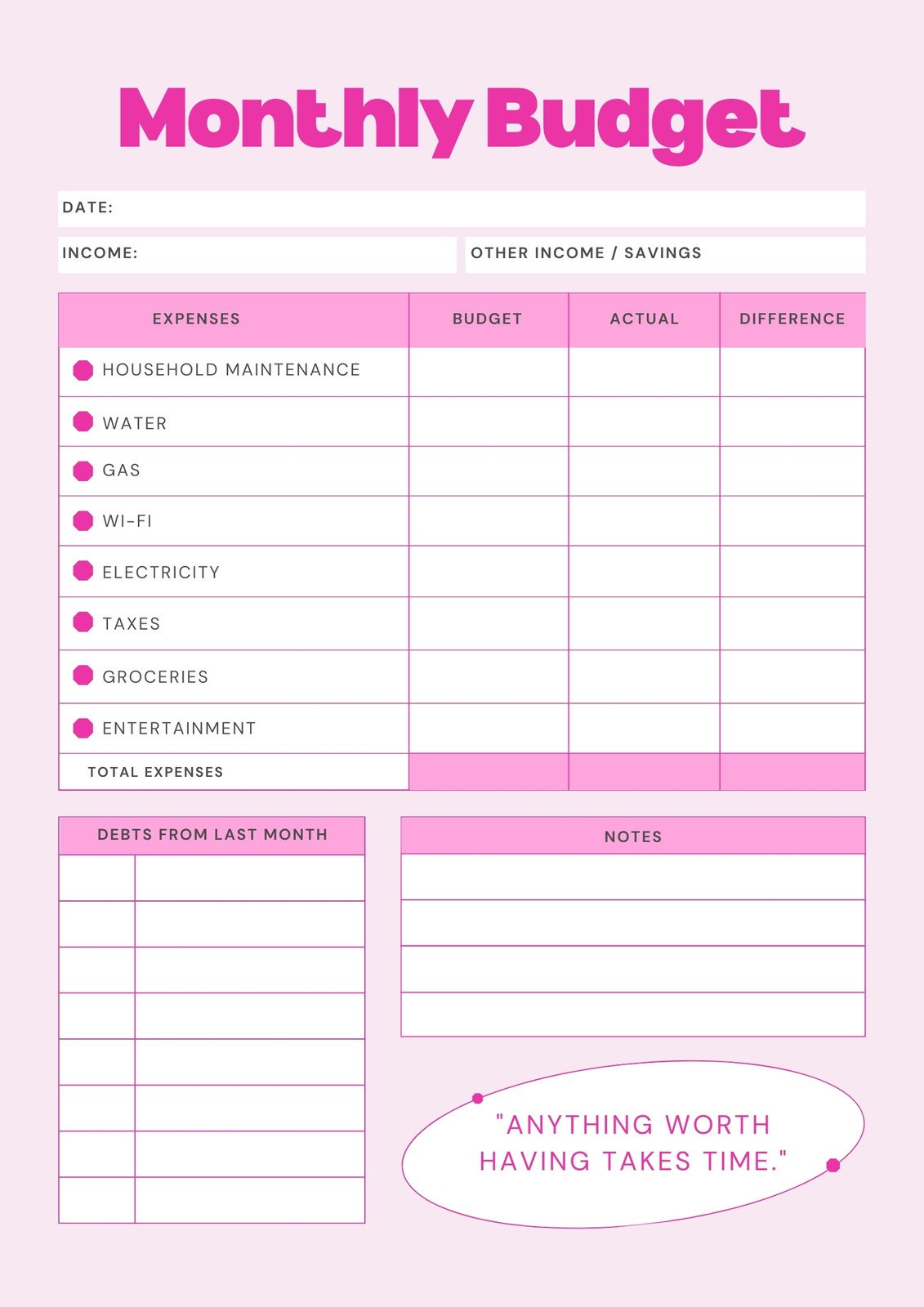 financial budget planner worksheet