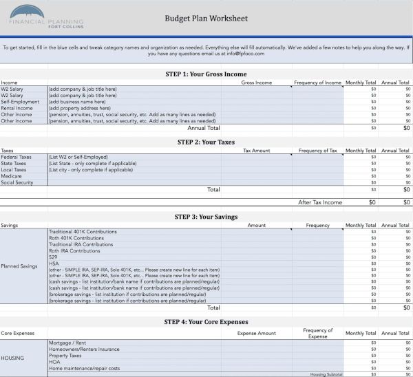 Budget Plan Worksheet - Financial Planning Fort Collins