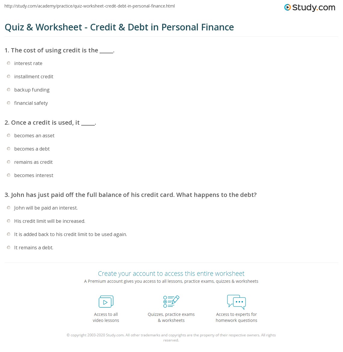 Quiz &  Worksheet - Credit &  Debt in Personal Finance | Study.com