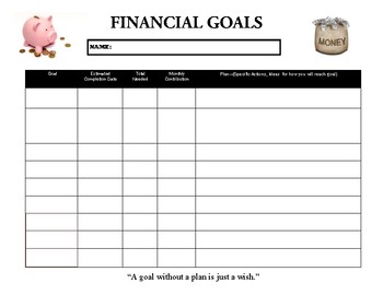 Financial Goal Worksheet by Light It Up | TPT
