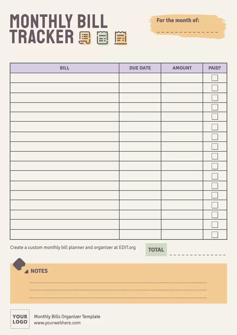 Free Monthly Bills Organizer Templates