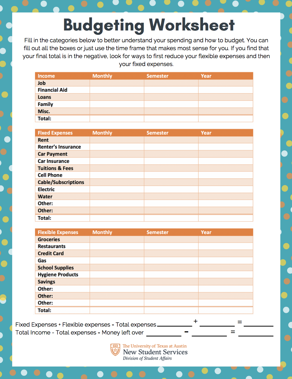 Budgeting Worksheet | Off-Campus Living Resources