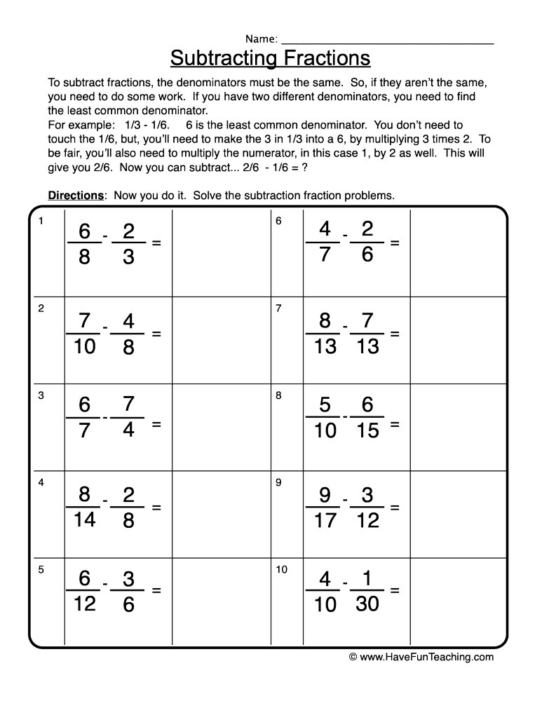Subtracting Fractions Different Denominator Worksheet - Have Fun ...