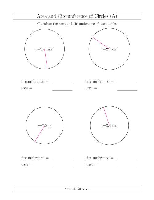Calculate Circumference and Area of Circles from Radius (A)