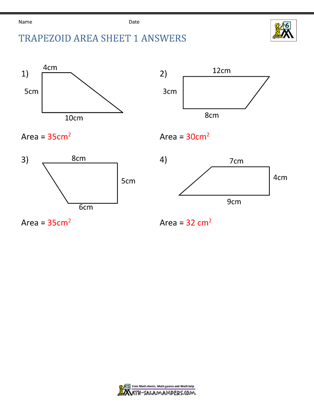 find the area of a trapezoid worksheet