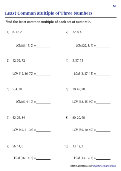 LCM of Three Numbers Worksheets