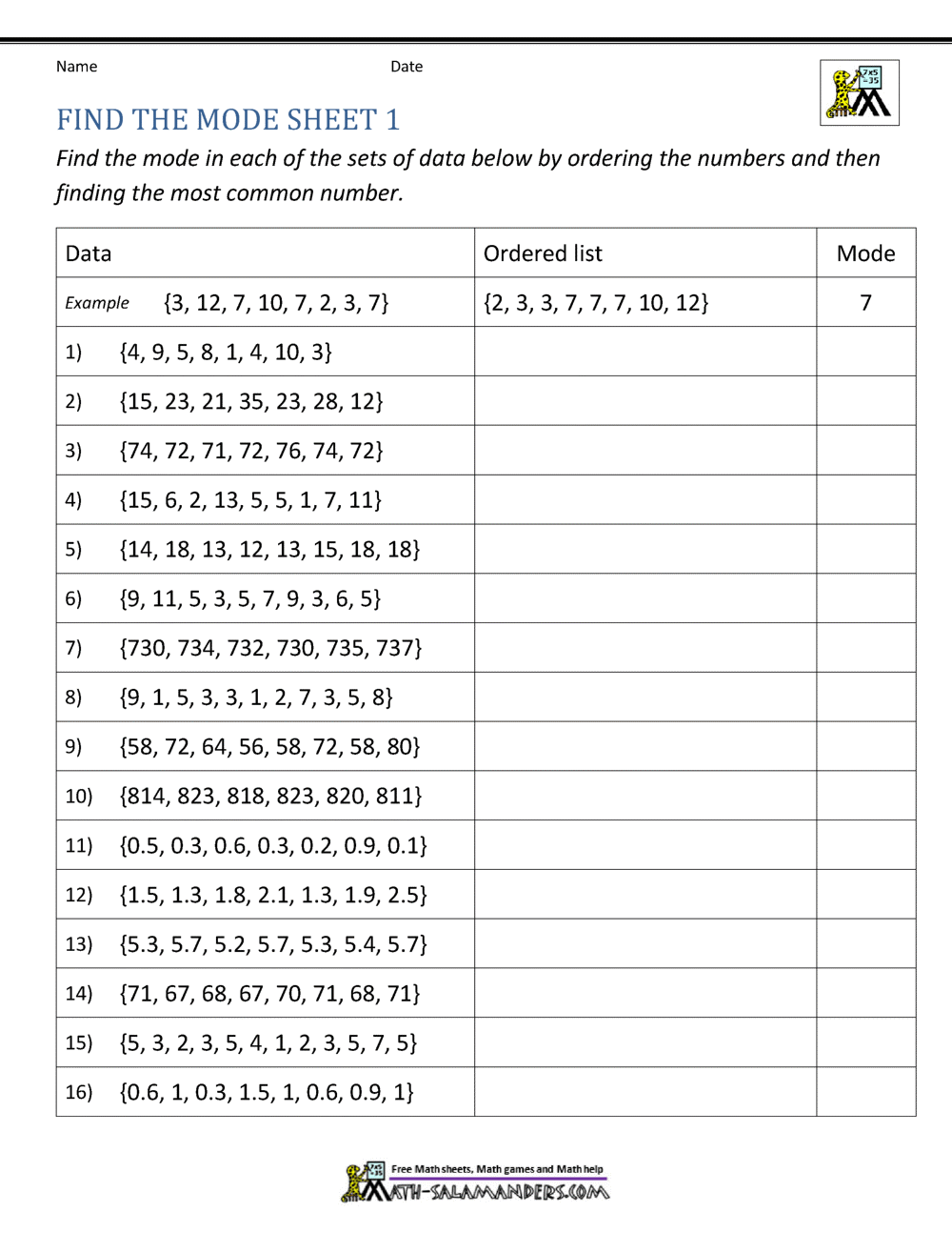 Mode and Range Worksheets