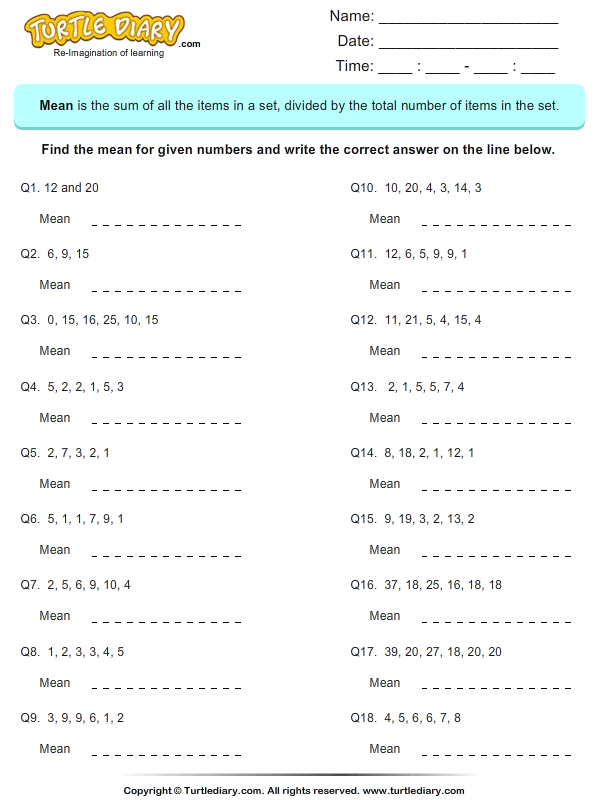 find the mean worksheet