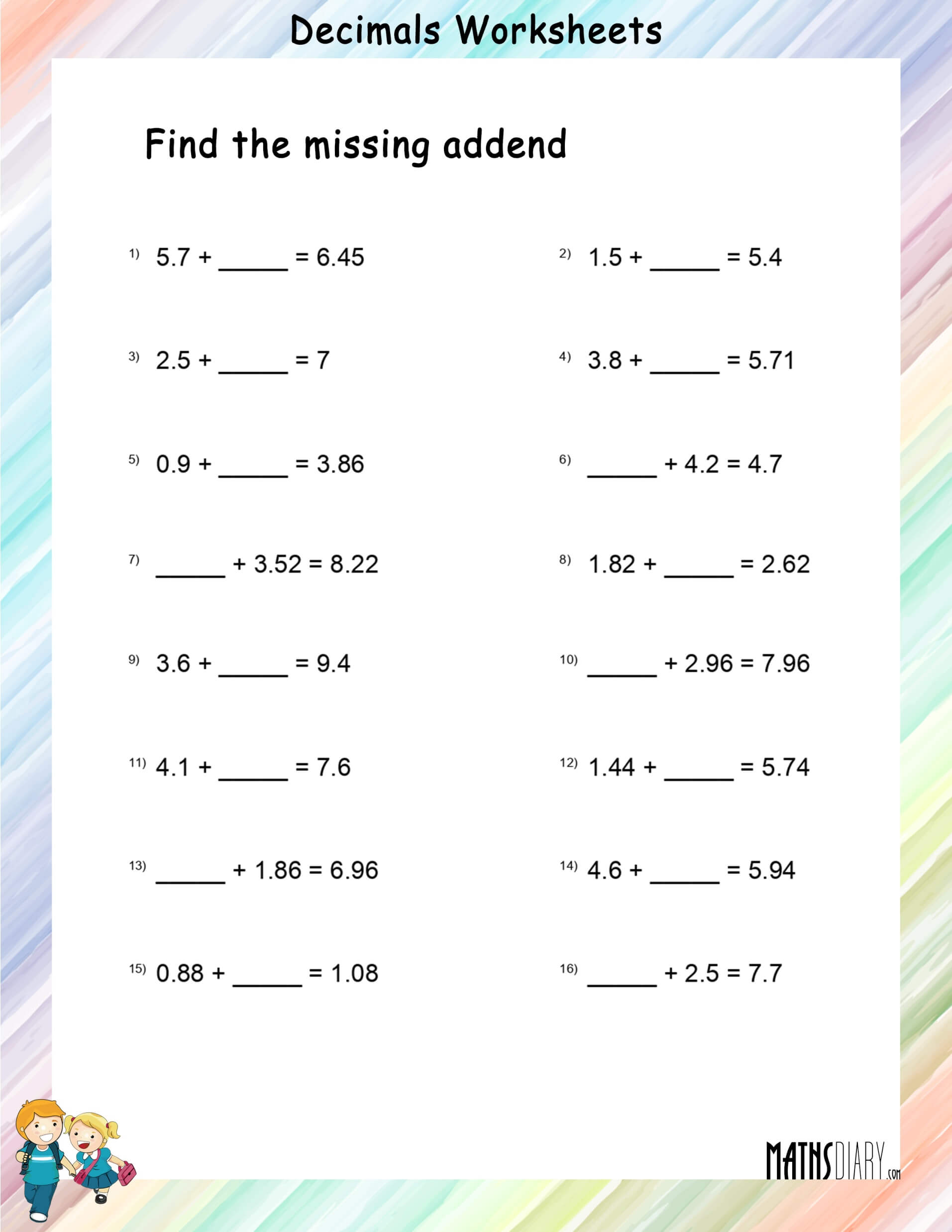 Find the missing addend in addition of Decimal numbers - Math ...