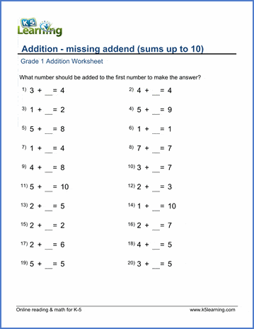 Grade 1 math worksheet -addition with missing addends, sums up to ...