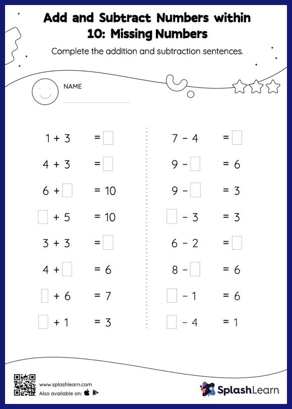 Add and Subtract Numbers within 10: Missing Numbers - Math ...