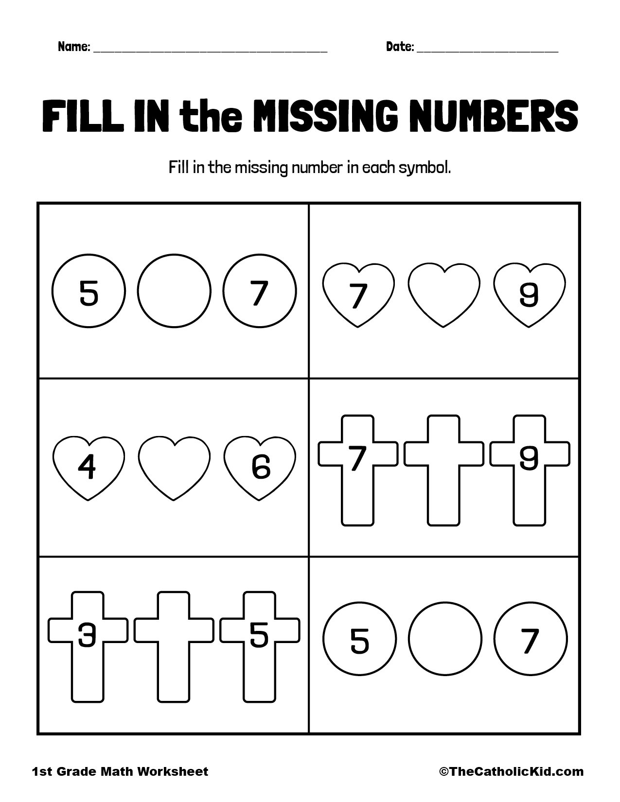 Find The Missing Number - 1st Grade Math Worksheet Catholic Themed