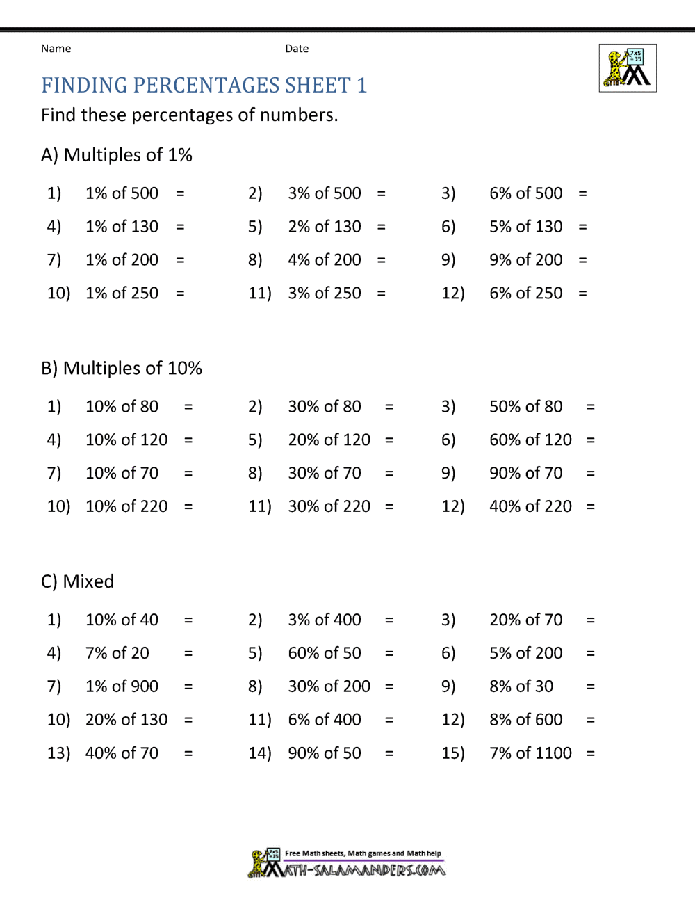 finding a percent of a number worksheet