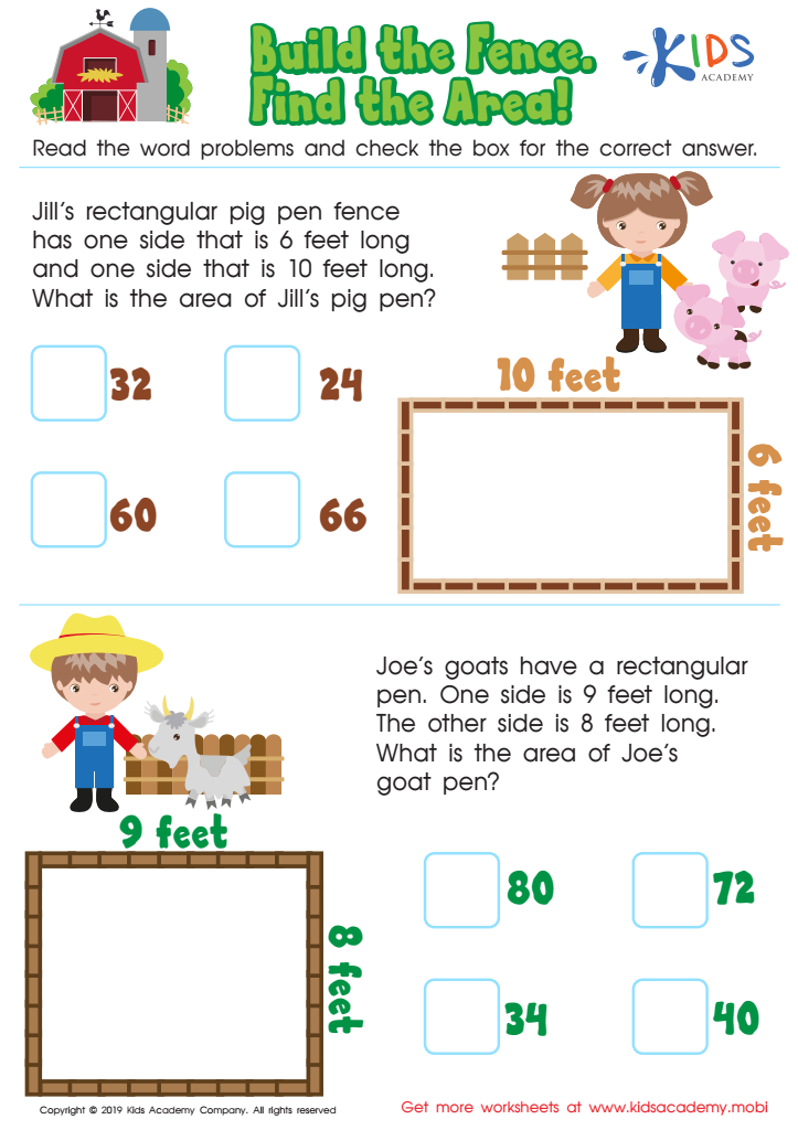 Build the Fence, Find the Area Worksheet for kids