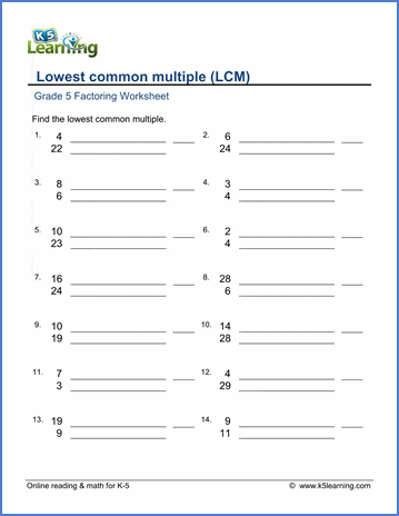 Grade 5 Factoring Worksheets: Lowest Common Multiple (LCM) | Worsheets library...
