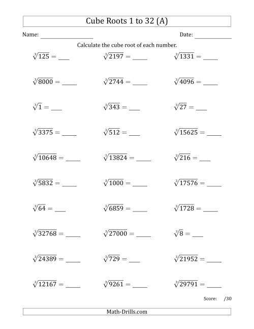 Cube Roots 1 to 32 (A)