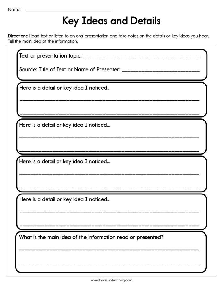 Key Ideas and Details Worksheet  