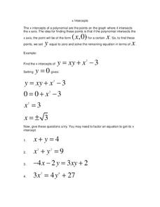 X-Intercepts Worksheet for 9th - 10th Grade | Lesson Planet