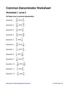 finding like denominators worksheet