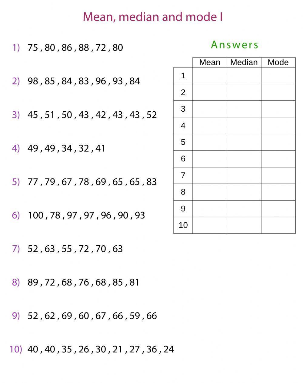 Mean, median and mode worksheet  