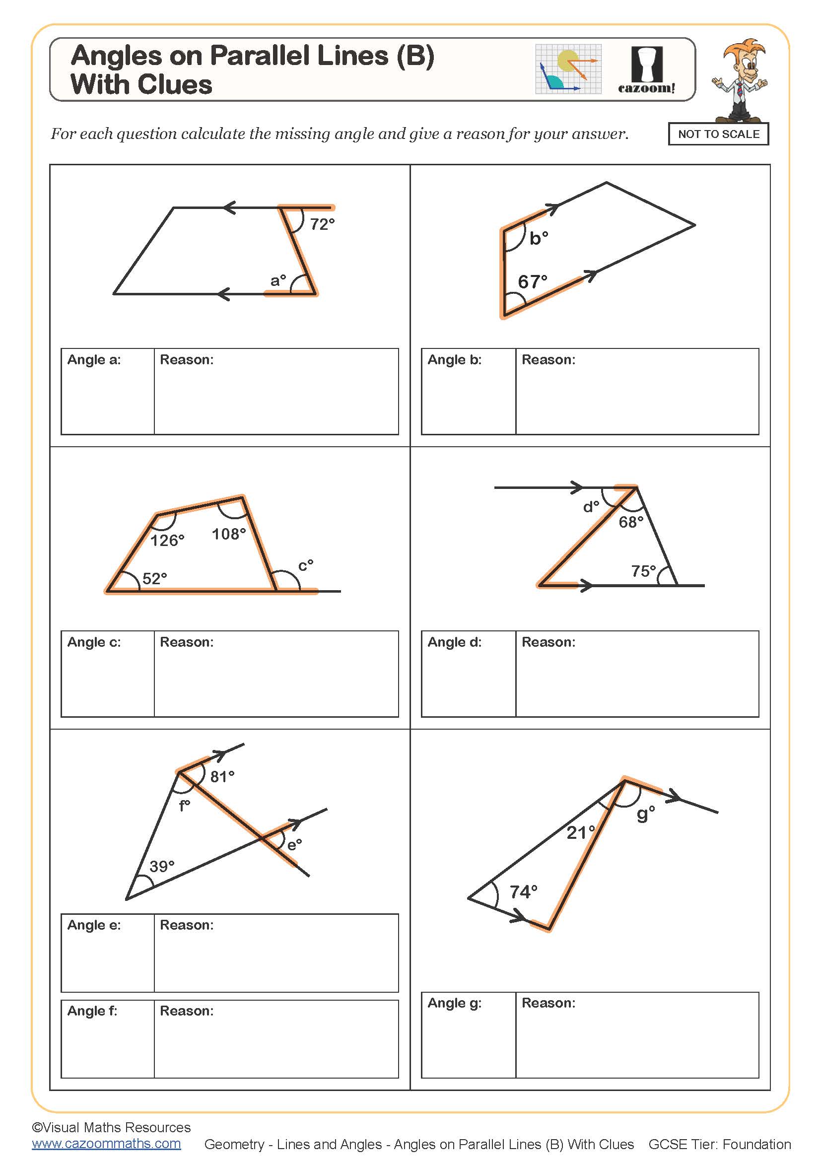 Angles on Parallel Lines (B) (With Clues) Worksheet Fun and