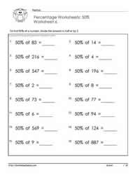 Find 50 Percent of a Number Worksheets