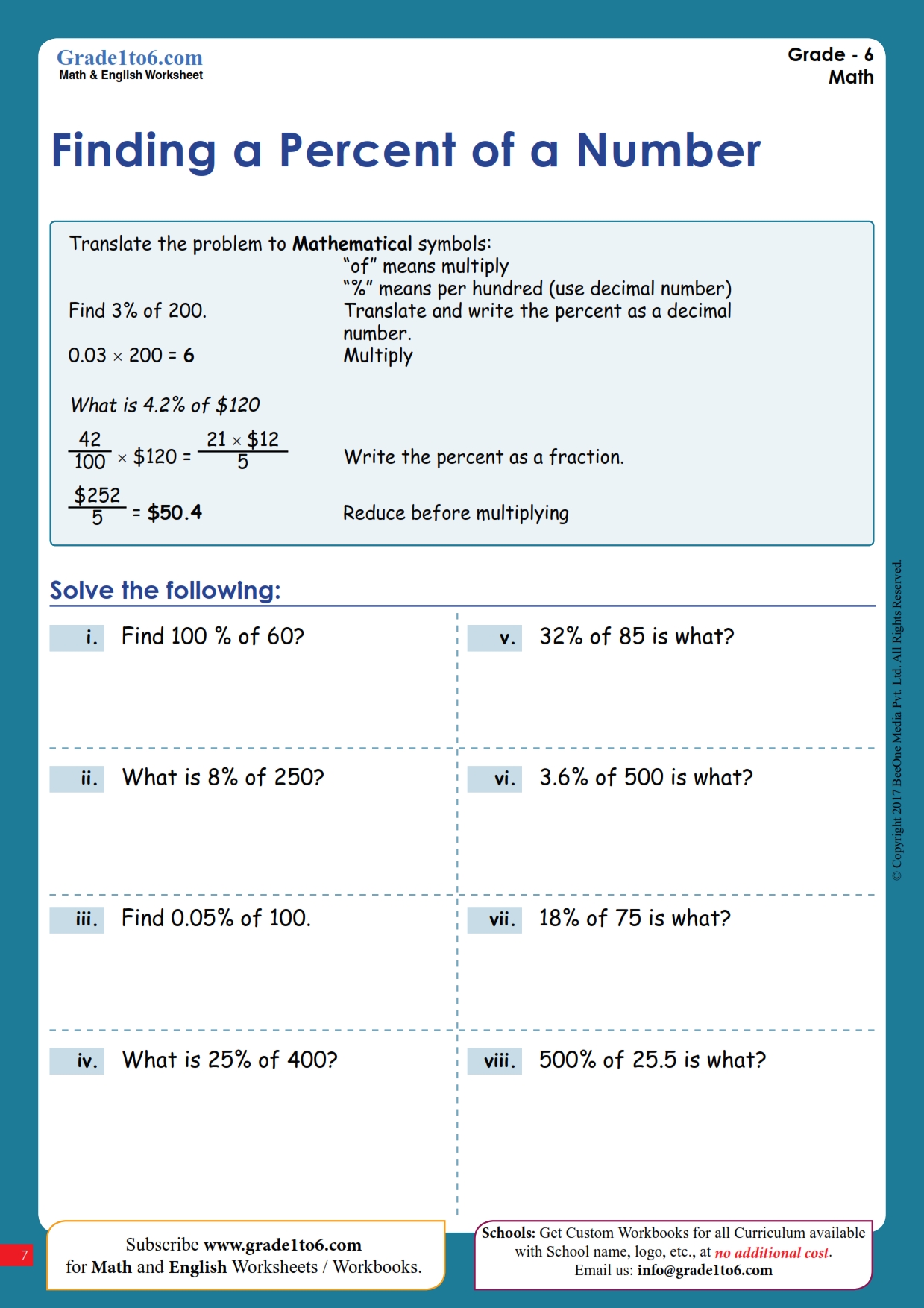 Finding Percentage of a Number Worksheet | Grade1to6.com