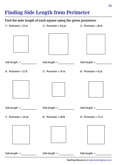 Finding the Side Length of a Square from Perimeter Worksheets