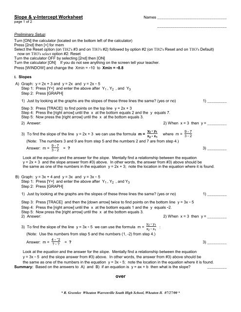 Slope &   y-Intercept Worksheet over - GreenLeeCDS.com