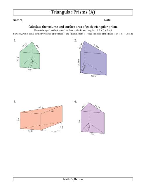Volume and Surface Area of Triangular Prisms (A)