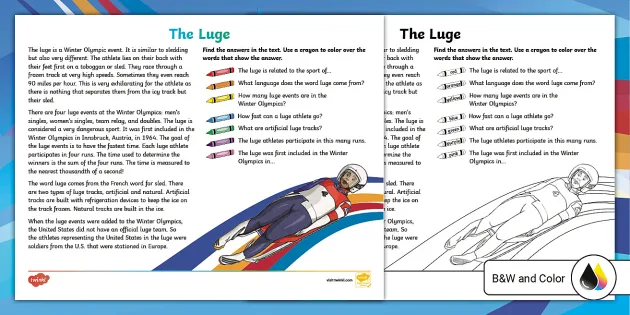 The Luge Finding Text Evidence Activity for 3rd-5th Grade