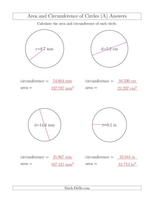 finding the area and circumference of a circle worksheet