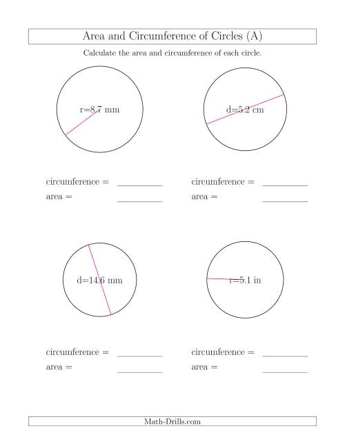 finding the area and circumference of a circle worksheet