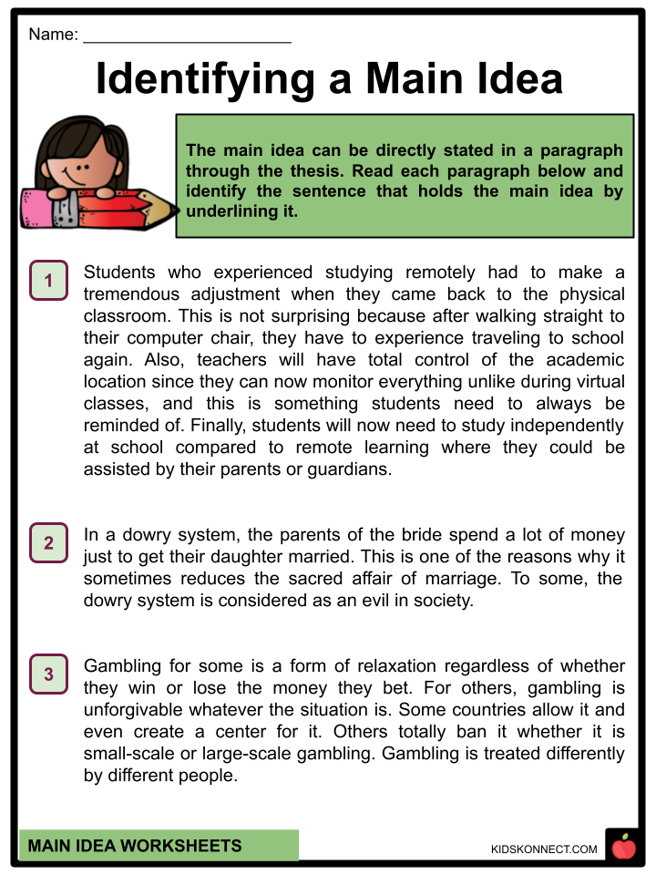 finding the main idea worksheet