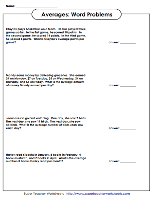 Averages - Mean Worksheets