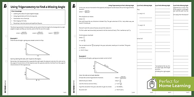 ? Year 9 - Year 10 Maths Trigonometry:Finding Angles Worksheet